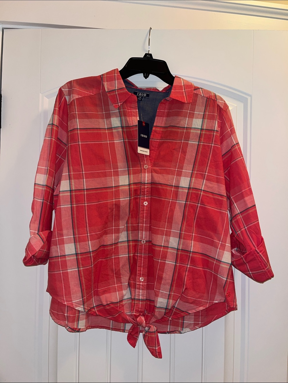 Izod Red and Navy Plaid Casual Button-Up Shirt